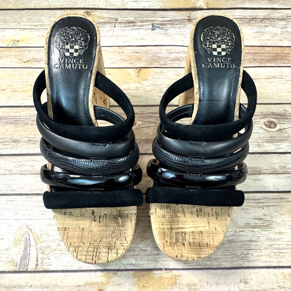 Vince Camuto Womens Black Strappy Patrest Cork Platform and Heel Slip On Sandals - Picture 3 of 8